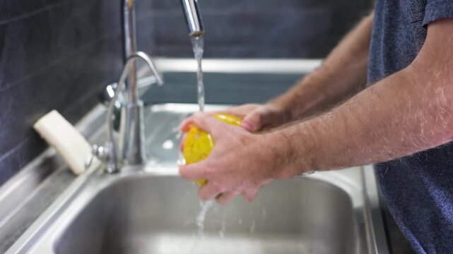 Man washing fresh yellow melon under running water in modern home kitchen sink video Full HD
