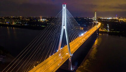 Fototapeta premium A nighttime aerial view of a large cable-stayed bridge over a body of water