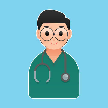 Flat cartoon icon of a smiling male doctor wearing green scrubs, round glasses, and a stethoscope on a blue background. Simple healthcare avatar design.
