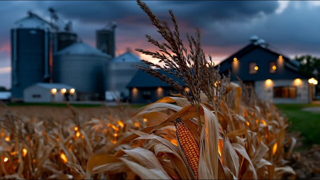 A ripe ear of corn, set against a backdrop of farm silos and a sunset sky, provides a warm, rural setting for articles on agribusiness, crop yields and food security.
