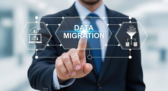 Businessman touching digital screen displaying data migration concept with cloud and funnel icons during a business meeting