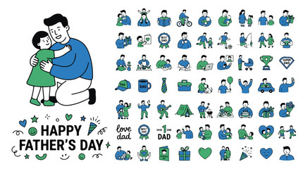 Obraz premium Happy Father's Day icon set, 50 flat line fatherhood and parenting vector elements, blue and green dad and child lifestyle illustrations