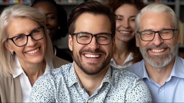 A diverse group of smiling people of all ages and ethnic backgrounds provides a positive backdrop for presentations on teamwork, inclusivity and corporate social responsibility.
