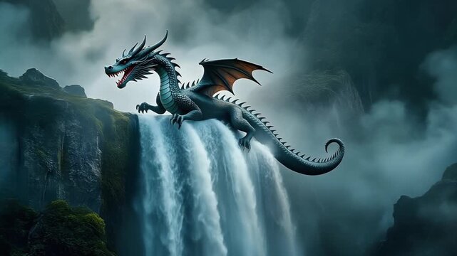 Powerful chinese dragon perched on a majestic misty waterfall