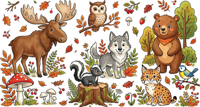 Cute Woodland Animals Cartoon Vector Illustration Set Featuring Bear, Moose, Wolf, Owl, Lynx, Skunk, Autumn Leaves, and Forest Elements for Kids Designs