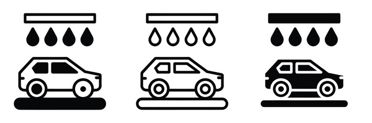 Obraz premium Car wash icons set with rain drops and vehicle silhouettes in different styles for automotive and weather concepts