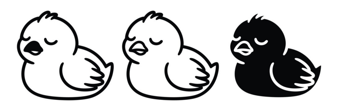 Three Cute Cartoon Ducklings in Different Monochrome Styles for Design and Illustration Purposes on a Clean White Background