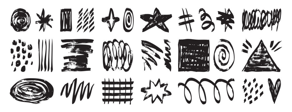 Scribble brush textured shapes marker set collection doodle hand drawn icon. Outline drawing star line clipart symbol.