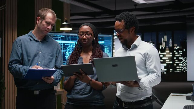 Portrait of smiling engineers in office developing machine learning simulating human brain thought processes with teamwork and productivity context.