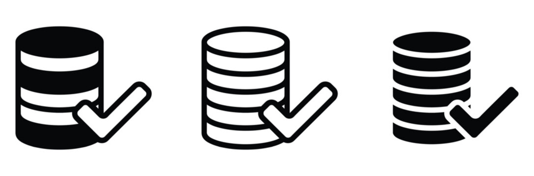 Database cylinder icons with checkmark in black and white for data storage and verification concepts