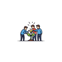 Fototapeta premium Three business people nurturing a growing plant with a lightbulb, symbolizing new idea development, innovation, and collaborative growth, on an isolated white background.
