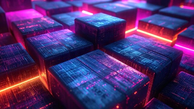 Abstract image of illuminated cubes in blue and pink, showcasing futuristic tech