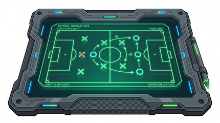 Fototapeta premium Isolated vector asset of a futuristic 3D-looking holographic tactical clipboard, displaying glowing neon green soccer field lines and digital player nodes X and O, cyberpunk sports tech