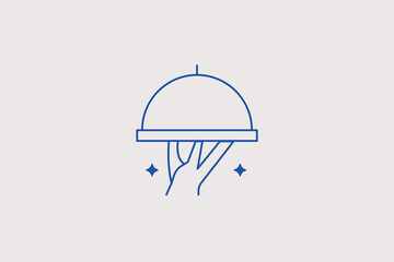 Hand holding food platter tray dome lid line icon for restaurant menu, catering service, hospitality. Elegant vector illustration for cafe business. © HenryFord