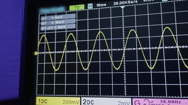A digital oscilloscope screen displays a yellow sine wave disrupted by signal interference. Concept of electronic testing, data analysis, signal integrity, and diagnostics.