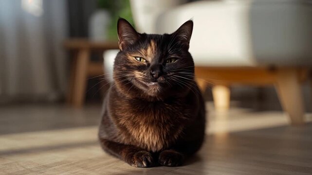 A cute fluffy cat smiles in a modern apartment