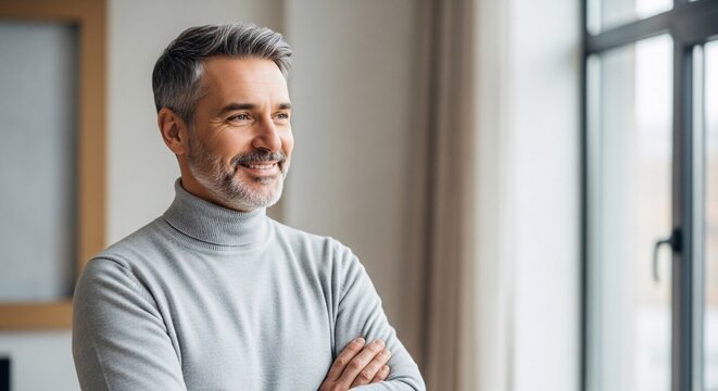 Confident mature man with gray hair and beard smiling thoughtfully while standing near window in bright modern home interior for lifestyle and wellness themes