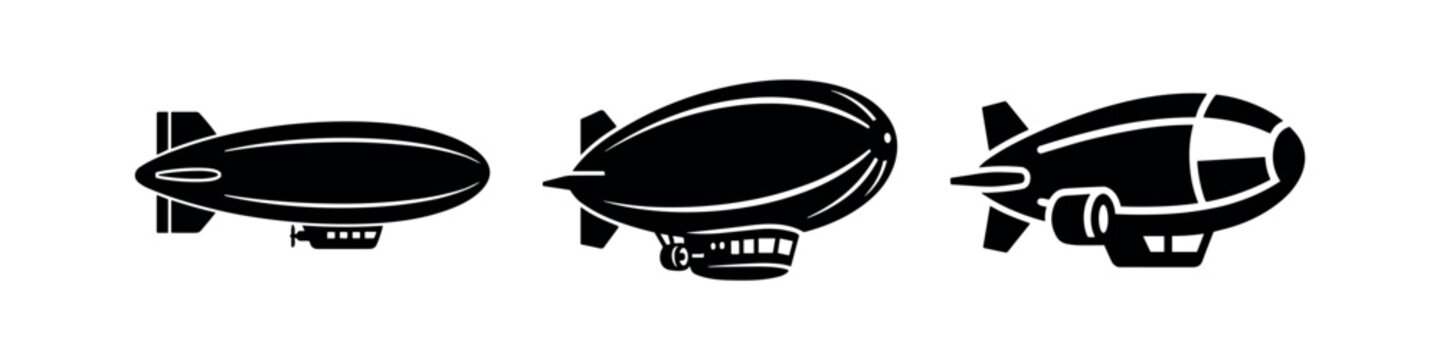 Blimp and Zeppelin Icons Set. Airship Vector Silhouettes.