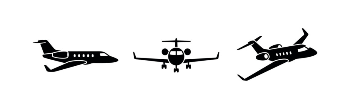 Private jet icons set. Business travel and luxury aircraft symbols.