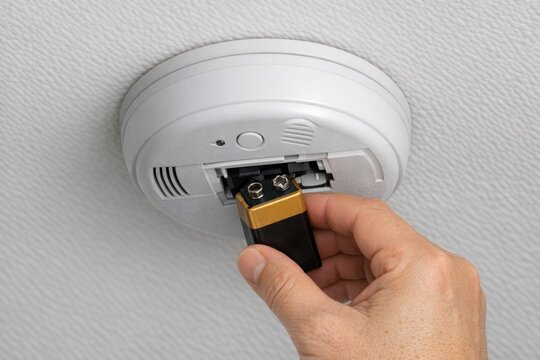 A person is shown holding a battery in front of a smoke detector, possibly for replacement or maintenance
