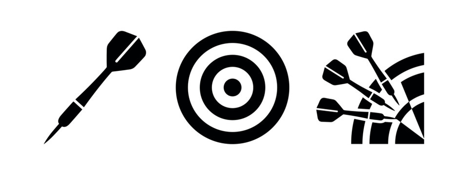 Dart board and darts icons. Target practice and game symbols.