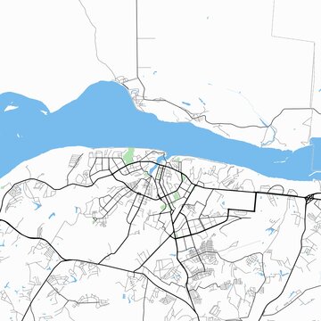 Minimal vector street map of Cheboksary, Chuvash Republic, Russia. Detailed urban city plan with roads, highways, residential districts, river landscape, waterfront areas, and surrounding natural regi