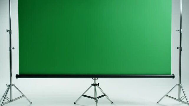 A professional green screen backdrop is set up in a studio, ideal for chroma key and video production.