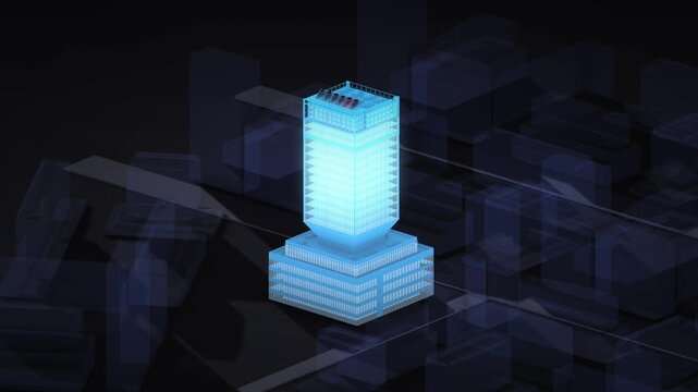 Luminous neon skyscraper rises above an isometric digital city grid in a high-tech 3D animation loop perfect for corporate presentation openers