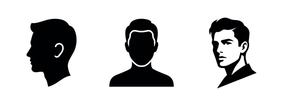 Male head and face icons. User avatar and profile symbols.