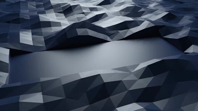 A seamless loop of a dark, abstract low poly geometric surface with a reflective central rectangle, ideal for technology, business, or futuristic backgrounds.