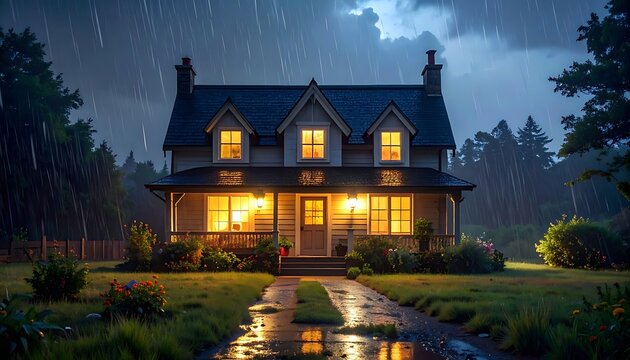 A serene house with warm lighting on a rainy night