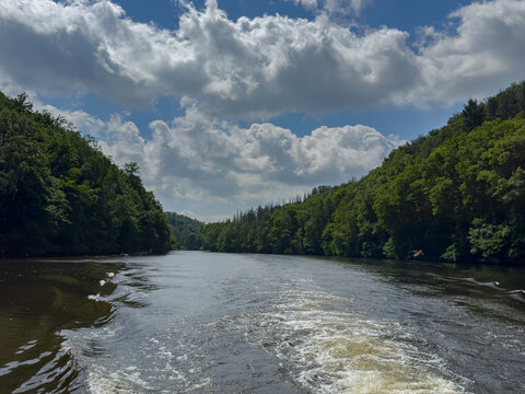 View over the Kriebstein Nature Reserve, including the dam, in Saxony, Germany.	

