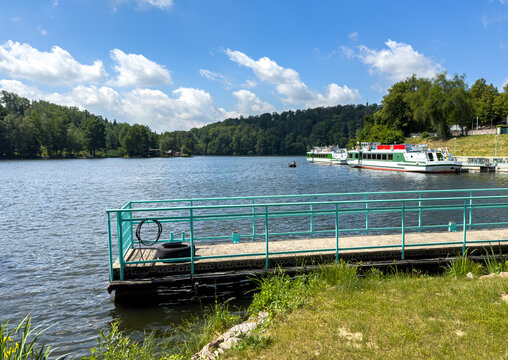 View of the harbor of the Kriebstein dam in Saxony