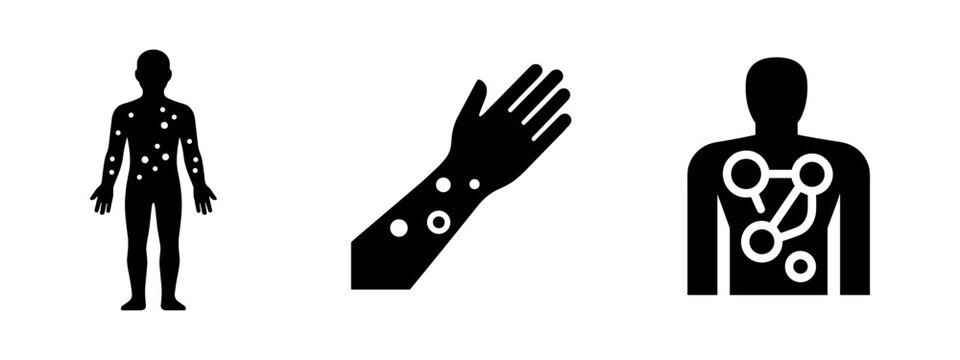 Skin disease or lymphatic system icons. Rashes, spots, infection, or disease progression symptoms.