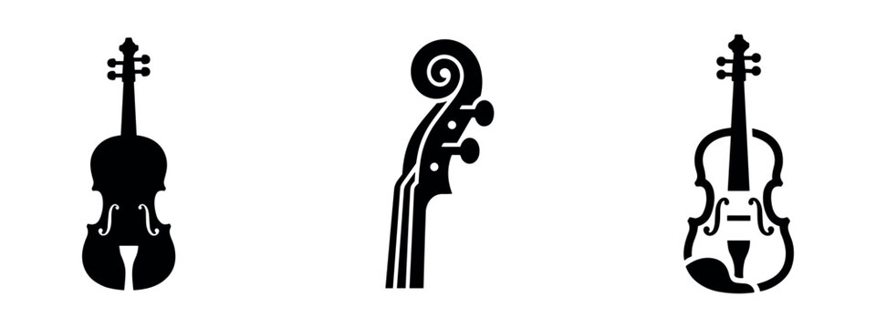 Violin musical instrument icons. Classic string instrument and scroll detail symbols.