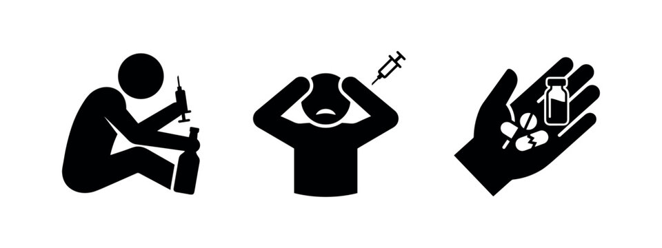 Drug addiction and substance abuse icons set. Healthcare and social issues related to dependency and overdose.