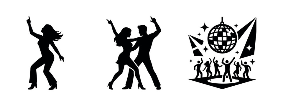 Disco dancing icons set. Party, music, and celebration, depicting dancers and a disco scene with a mirror ball.