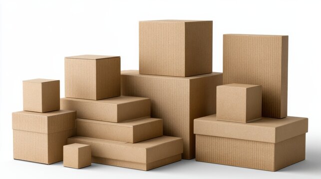 Stack of cardboard boxes neatly arranged on white background, assortment of sizes, studio lighting highlights corrugated texture and brown tones, versatile visual for shipping, storage, moving,