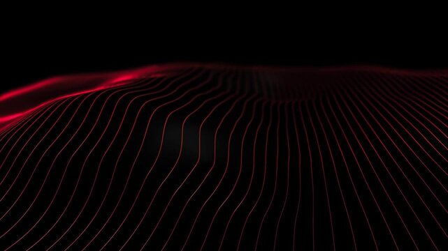 Red neon lines wave across a dark background in a seamless 3D animation loop designed for modern abstract title sequences and technology screensavers