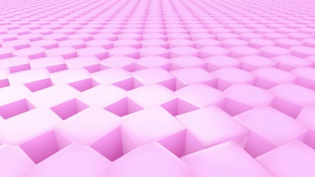 Pastel pink cubes line grid array recedes into the distance with a subtle blue ambient glow in a clean geometric 3D render architecture backdrop