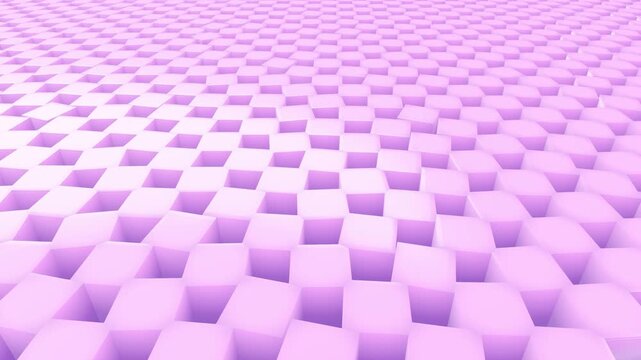 Abstract pink cubes blocks pattern moves with a randomized wave displacement in an energetic geometric 3D animation loop for colorful tech presentation backdrops