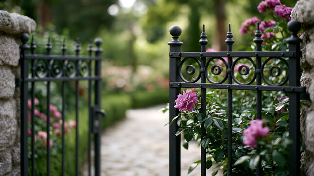 Ornate black iron gate stands open to a charming garden path lined with vibrant pink roses and green foliage, offering a welcoming view into a serene natural space