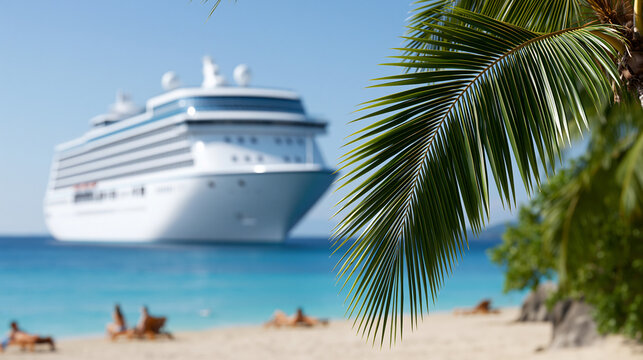 Palm frond framing a relaxing tropical beach scene with tourists sunbathing and a large cruise ship sailing on turquoise ocean waters, representing luxury travel and holiday destination
