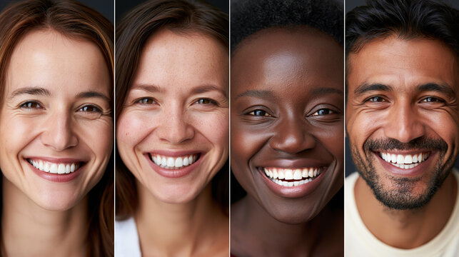 Diverse group of smiling people showing unity and happiness, representing multicultural community, inclusivity, and positive human expressions side by side