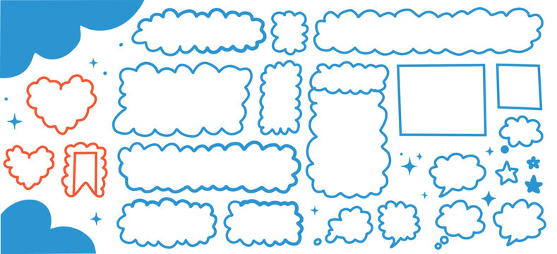 Hand drawn doodle cloud text box set. blue outline shapes, speech bubbles, hearts, ribbon, small stars. for cute classroom presentation layouts, social media quotes. simple vector sketch.