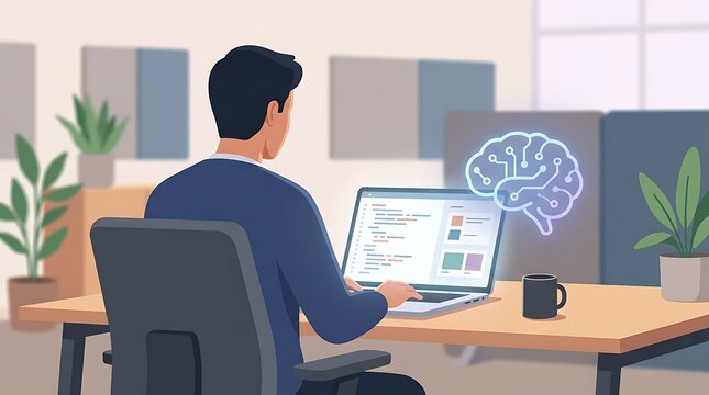 Software developer working on brain model on laptop in office