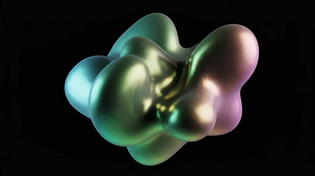 A vibrant 3D animation of a liquid-like blob continuously morphing and changing iridescent colors on black.