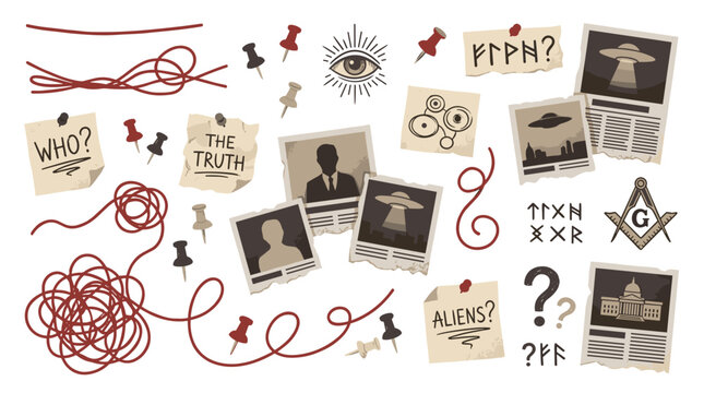 Conspiracy theory investigation board with UFOs, mysterious symbols, and evidence