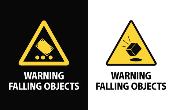 Falling objects warning sign black and white versions for safety communication