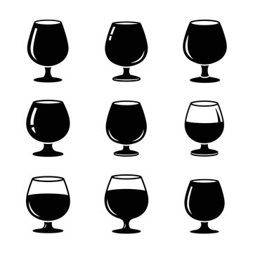 Set of 9 Brandy Snifter Glasses Icons, Filled and Empty, Vector Illustration